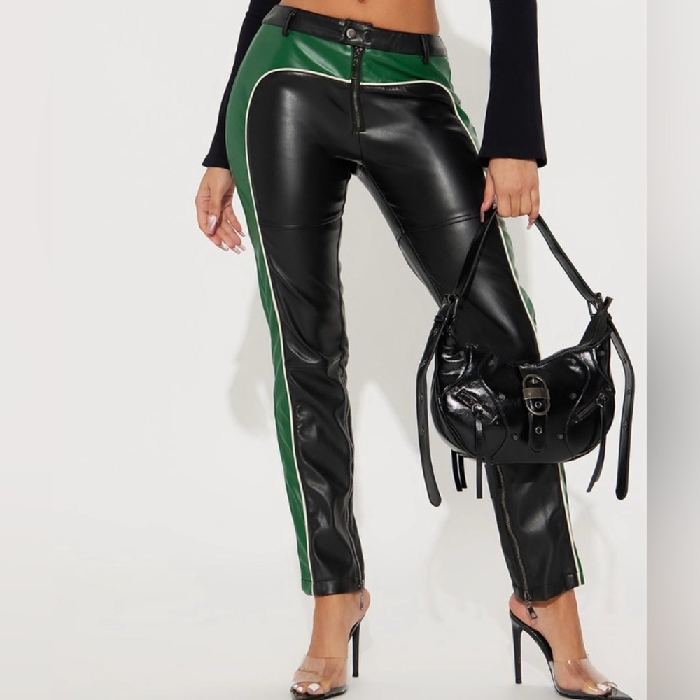 Fashion Nova Black and Green Skinny Faux Leather Pants